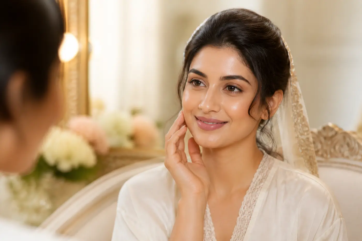 Soft-lit skincare still life suggesting a calm pre-wedding routine, not a patient result